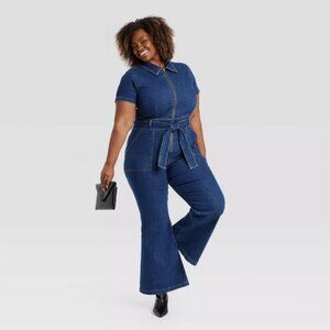 Women's Short Sleeve Denim Jumpsuit - Ava & Viv Dark Wash 24
